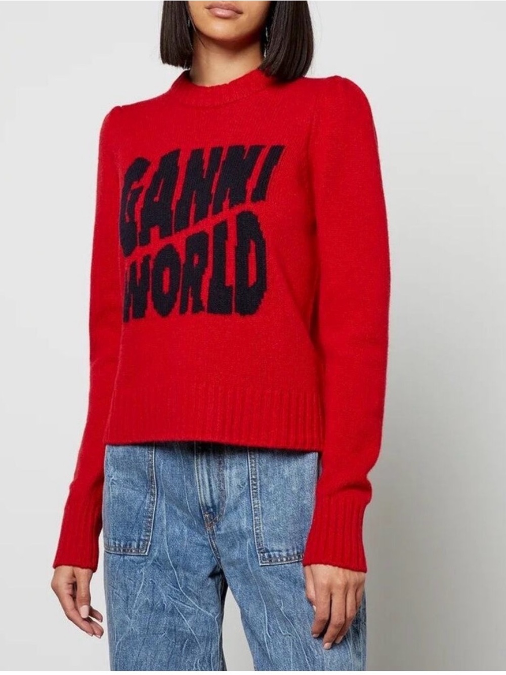 Ganni Red Crewneck Sweater with Black 'GANNI WORLD' Logo